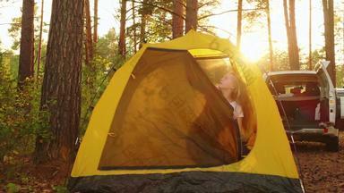 旅游女孩醒着的内部野营帐篷早....森林年轻的女孩伸展运动手早....日出旅游营地旅行女孩野营帐篷背景
